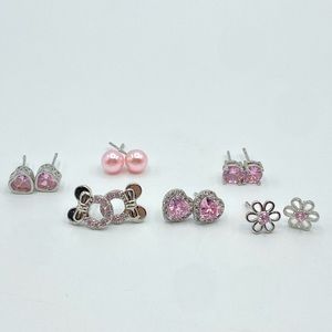 Pink CZ 925 Silver Stud Earrings 6 Pairs Heart Minnie Mouse Flower Girly Dainty